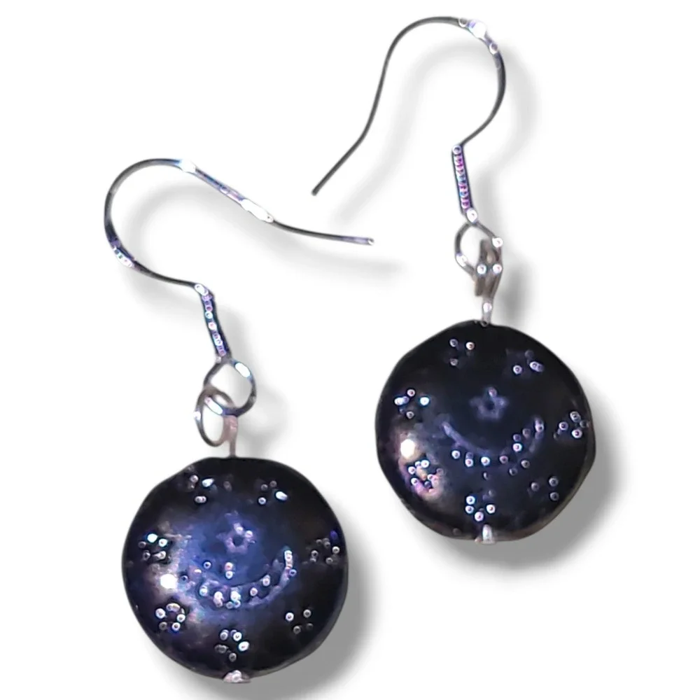 Purple Black Dichroic Glass Dangle Earrings Moon Stars Celestial Sterling Silver